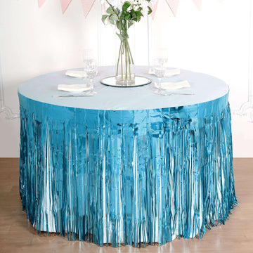 30"x9ft Blue Metallic Foil Fringe Table Skirt, Self Adhesive Tinsel Table Skirt