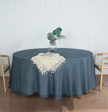 108" Blue Seamless Linen Round Tablecloth, Slubby Textured Wrinkle Resistant Tablecloth