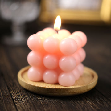 2 Pack 2" Blush Bubble Cube Long Burning Paraffin Wax Candle Set, Unscented Decorative Pillar Candle Gift