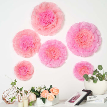 Set of 6 Blush Pink Giant Carnation 3D Paper Flowers Wall Decor - 12",16",20"