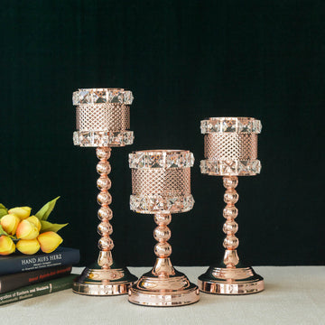 3 Pack Rose Gold Acrylic Crystal Beaded Votive Candle Holders, Goblet Candle Holder Set