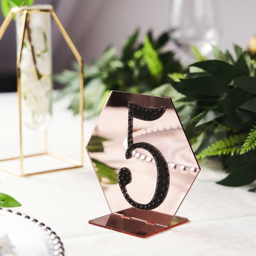 5 Pack 5" Rose Gold Acrylic Hexagon Wedding Table Sign Holders, Number Stands