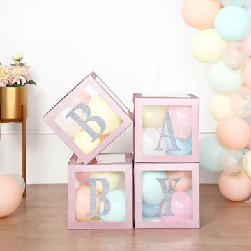 2 Pack 12" Blush Clear Baby Shower Party Decoration Boxes, Transparent DIY Balloon Boxes