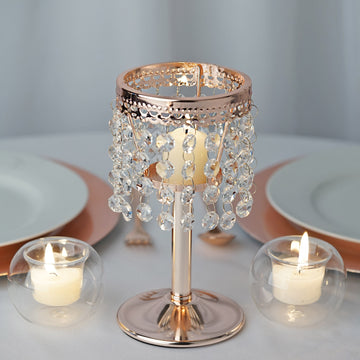 8" Rose Gold Crystal Beaded Chandelier Votive Pillar Candle Holder, Metal Tealight Candle Stand