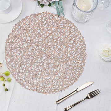6 Pack 15" Rose Gold Decorative Woven Vinyl Placemats, Non-Slip Round Table Mats