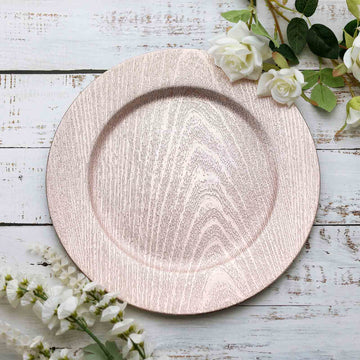 6 Pack 13" Blush Embossed Wood Grain Round Acrylic Charger Plates, Boho Chic Table Decor