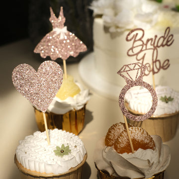 24 Pack Rose Gold Glitter Bridal Shower Cupcake Topper Picks Set, Wedding Cake Decoration Supplies - Assorted Styles