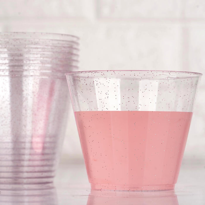 12 Pack | 9oz Blush Rose Gold Glittered Plastic Cups, Disposable Party Glasses