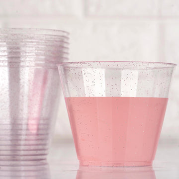 12 Pack 9oz Blush Glittered Plastic Cups, Disposable Party Glasses