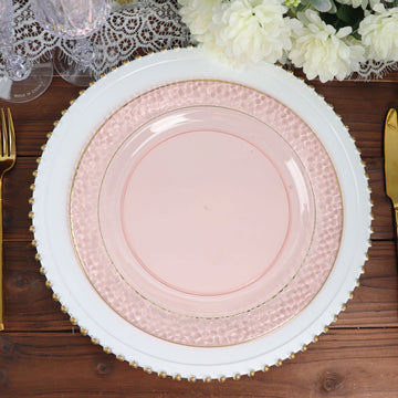 10 Pack 10" Blush Hammered Design Plastic Dinner Plates With Gold Rim