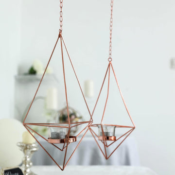 Set of 2 Rose Gold Hanging Diamond Tealight Candle Holders, Open Frame Metal Geometric Flower Terrariums - 12", 15"