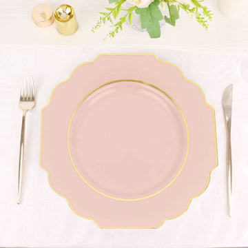 10 Pack 11" Blush Hard Plastic Dinner Plates, Disposable Tableware, Baroque Heavy Duty Plates with Gold Rim