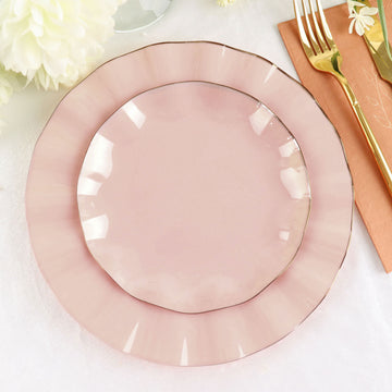 10 Pack 6" Blush Heavy Duty Disposable Salad Plates with Gold Ruffled Rim, Heavy Duty Disposable Appetizer Dessert Dinnerware