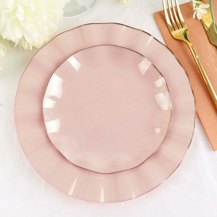 Blush / Rose Gold Disposable Salad Plates with Gold Ruffled Rim, Disposable Dessert Dinnerware