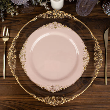 10 Pack 10" Blush Plastic Party Plates With Gold Leaf Embossed Baroque Rim, Round Disposable Dinner Plates