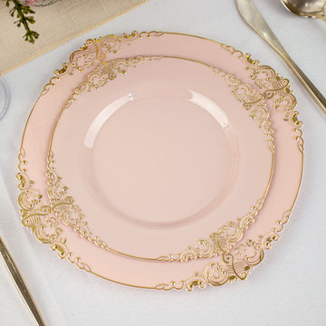 10 Pack 8" Blush Plastic Salad Plates With Gold Leaf Embossed Baroque Rim, Round Disposable Appetizer Dessert Plates