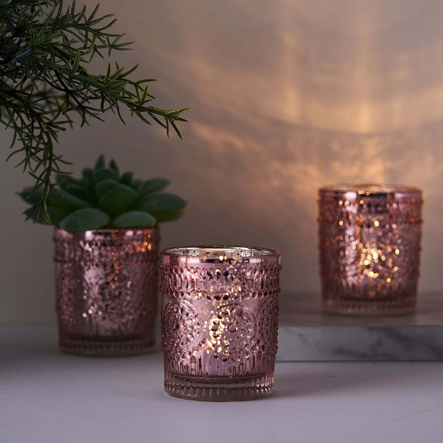 6 Pack | Blush/Rose Gold Mercury Glass Candle Holders, Votive Tealight Holders With Primrose Design