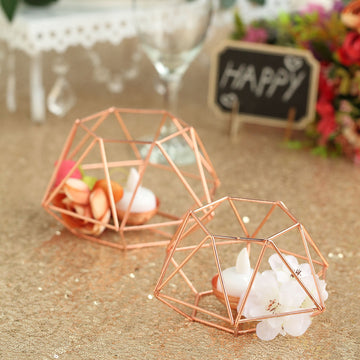 Set of 2 Rose Gold Metal Hexagon Candle Holder, Geometric Table Centerpiece Set - 4"3"