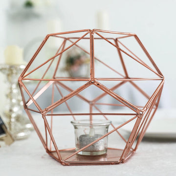 7" Rose Gold Metal Pentagon Prism Tealight Candle Holder, Open Frame Geometric Flower Stand