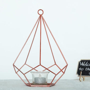 2 Pack 9" Rose Gold Metal Pentagon Tealight Candle Holders, Open Frame Geometric Flower Stand