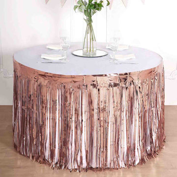 30"x9ft Rose Gold Metallic Foil Fringe Table Skirt, Self Adhesive Tinsel Table Skirt