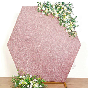 8ftx7ft Rose Gold Metallic Shimmer Tinsel Spandex Hexagon Wedding Arbor Cover, 2-Sided Backdrop