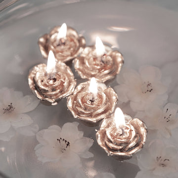 12 Pack 1" Rose Gold Mini Rose Flower Floating Candles Wedding Vase Fillers