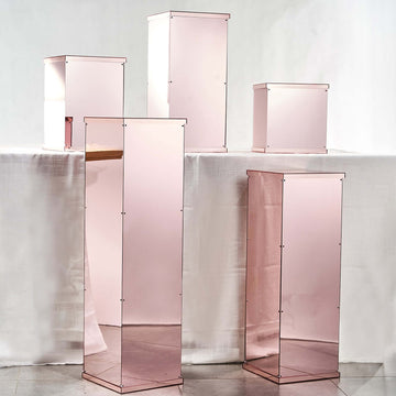 Set of 5 Rose Gold Mirror Finish Acrylic Display Boxes, Pedestal Risers with Interchangeable Lid and Base - 12",16",24",32",40"