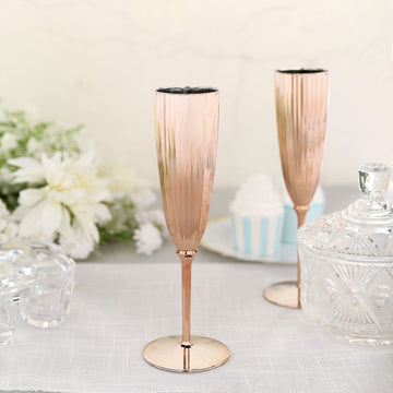 6 Pack Rose Gold 5oz Plastic Champagne Flutes Disposable Glasses For Champagne