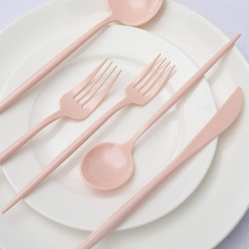 50 Pack Blush Pink Premium Plastic Silverware Set, Heavy Duty Disposable Sleek Utensil Cutlery
