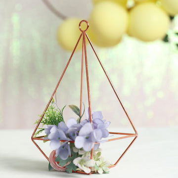 2 Pack 9" Rose Gold Pyramid Shaped Tealight Candle Holders, Open Frame Metal Geometric Flower Stand