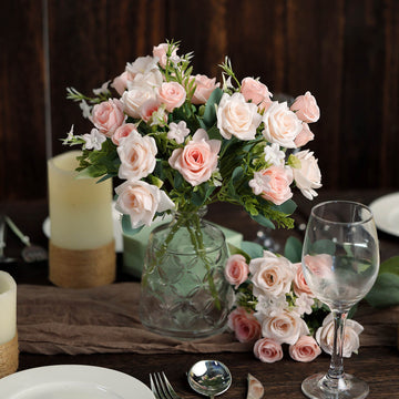 4 Bushes 12" Blush Real Touch Artificial Silk Rose Flower Bouquet, Faux Bridal Flowers