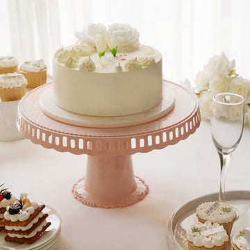 4 Pack 13" Blush Round Footed Reusable Plastic Pedestal Cake Stands With Hollow Scalloped Edges