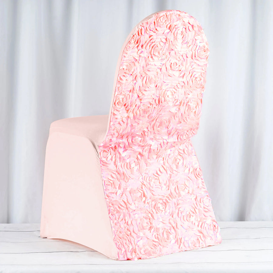 Blush/Rose Gold Satin Rosette Spandex Stretch Banquet Chair Cover, Fitted Chair Cover#whtbkgd