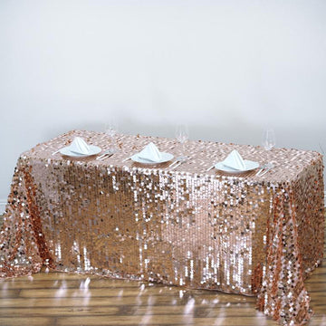 90"x156" Rose Gold Seamless Big Payette Sequin Rectangle Tablecloth Premium