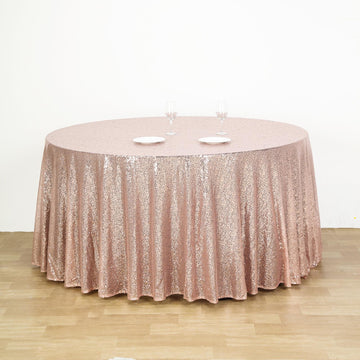 132" Rose Gold Seamless Premium Sequin Round Tablecloth, Sparkly Tablecloth
