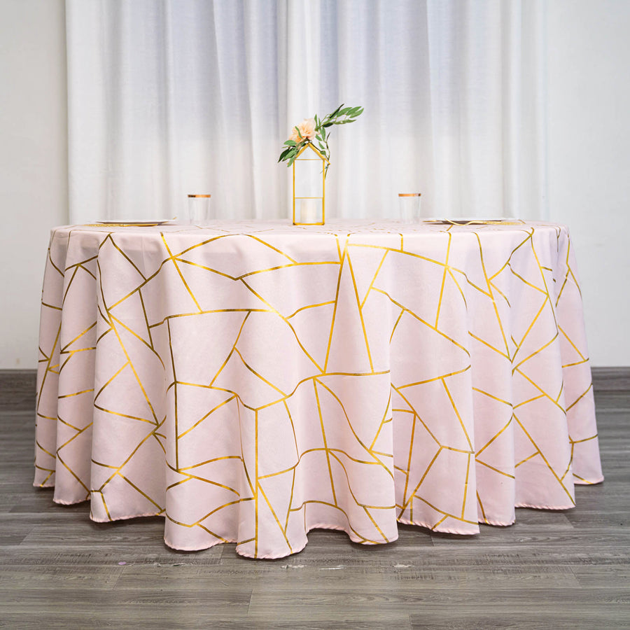 120inch Blush/Rose Gold Round Polyester Tablecloth With Gold Foil Geometric Pattern