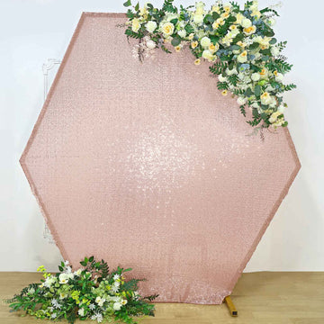 8ftx7ft Rose Gold Shiny Sequin Hexagon Backdrop Stand Cover, Shiny Sparkle 2-Sided Custom Fit Wedding Arch Cover