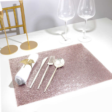 6 Pack Rose Gold Sparkle Placemats, Non Slip Decorative Rectangle Glitter Table Mat