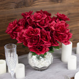 12 Bushes | Burgundy Artificial Premium Silk Blossomed Rose Flowers | 84 Roses