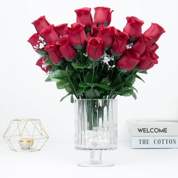 12 Bushes | Burgundy Artificial Premium Silk Flower Rose Bud Bouquets
