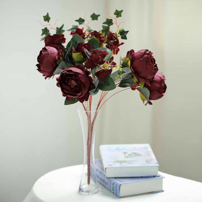 2 Bush | Burgundy Artificial Silk Peony, Rose and Hydrangea Flower Bouquet