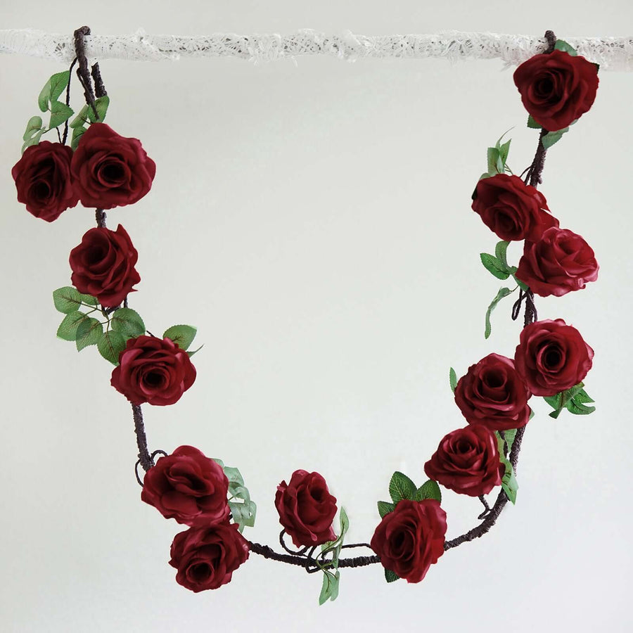 6ft | Burgundy Artificial Silk Rose Hanging Flower Garland, Faux Vine