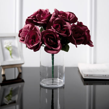 12" Burgundy Artificial Velvet-Like Fabric Rose Flower Bouquet Bush