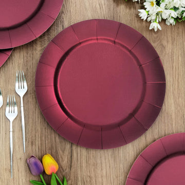 10 Pack | Burgundy Disposable 13" Charger Plates, Cardboard Serving Tray, Round with Leathery Texture - 1100 GSM