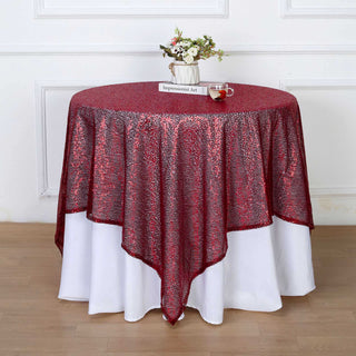 Add a Touch of Elegance with the Burgundy Duchess Sequin Square Table Overlay