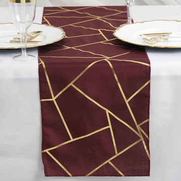 9ft Burgundy Gold Foil Geometric Pattern Polyester Table Runner