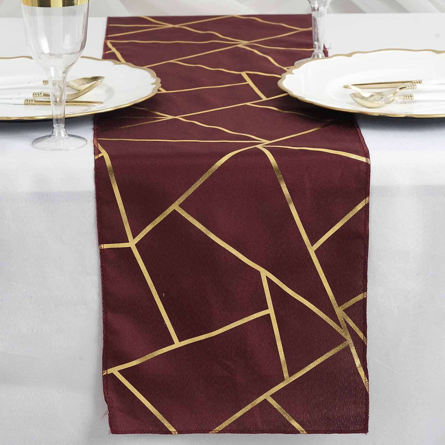 9ft Burgundy With Gold Foil Geometric Pattern Table Runner