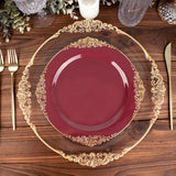 10inch Burgundy Gold Leaf Embossed Baroque Plastic Dinner Plates, Disposable Vintage Round Plates