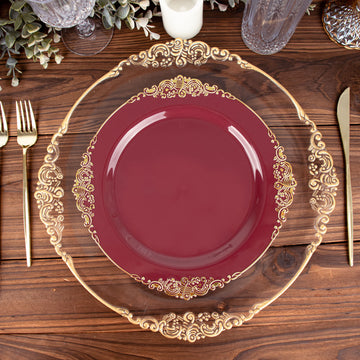 10 Pack 10" Burgundy Plastic Party Plates With Gold Leaf Embossed Baroque Rim, Round Disposable Dinner Plates